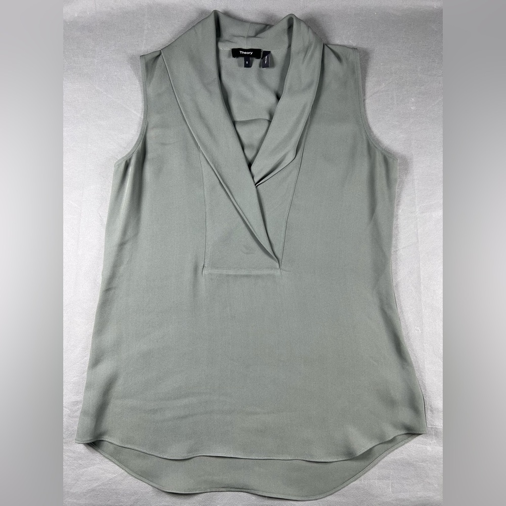 Theory Womens' Shawl Collar Silk Top S Pale Grey Moss